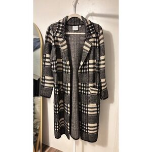 $368 Cyrus Plaid Longline Cardigan Sweater Coat Small Black Cream Tan